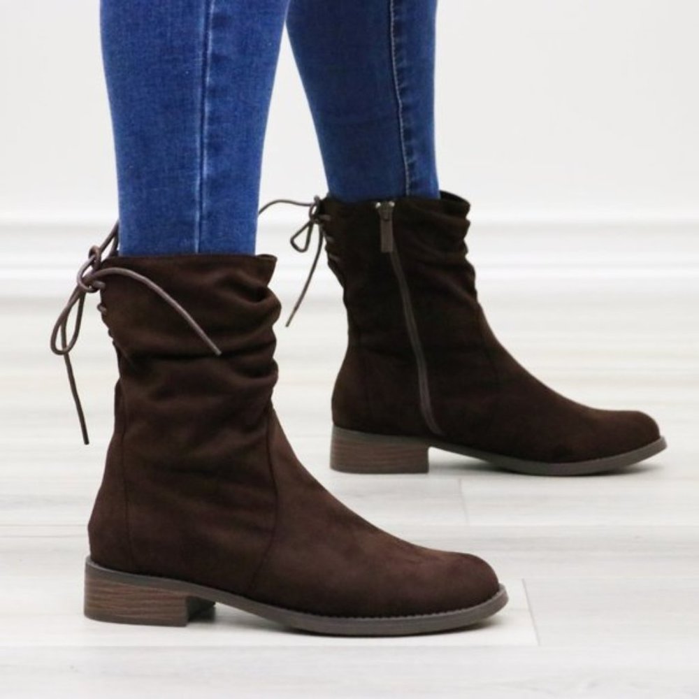 Brown Round Toe Suede Ankle Booties With Lace Back - Picture 4 of 15